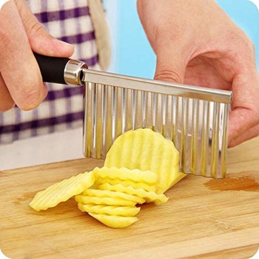 1pc Stainless Steel Wavy Potato Cutter, Random Color Handle