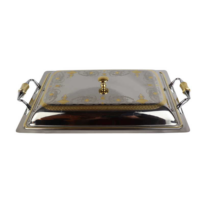 Elegant Rectangular Food Warmer with Lid - Premium 18/10 Stainless Steel, Gold Accent Handles