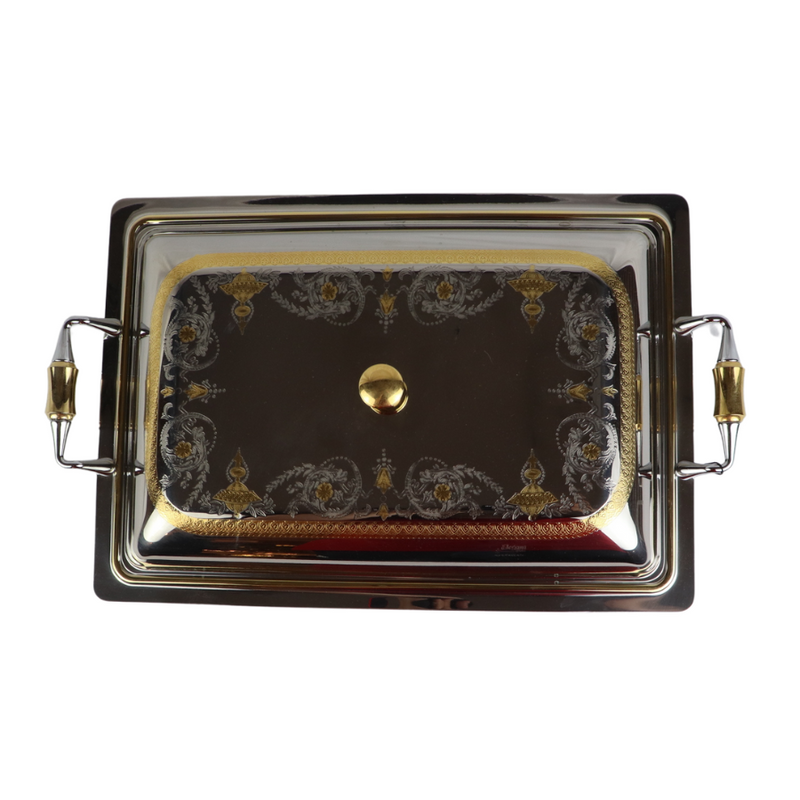 Elegant Rectangular Food Warmer with Lid - Premium 18/10 Stainless Steel, Gold Accent Handles