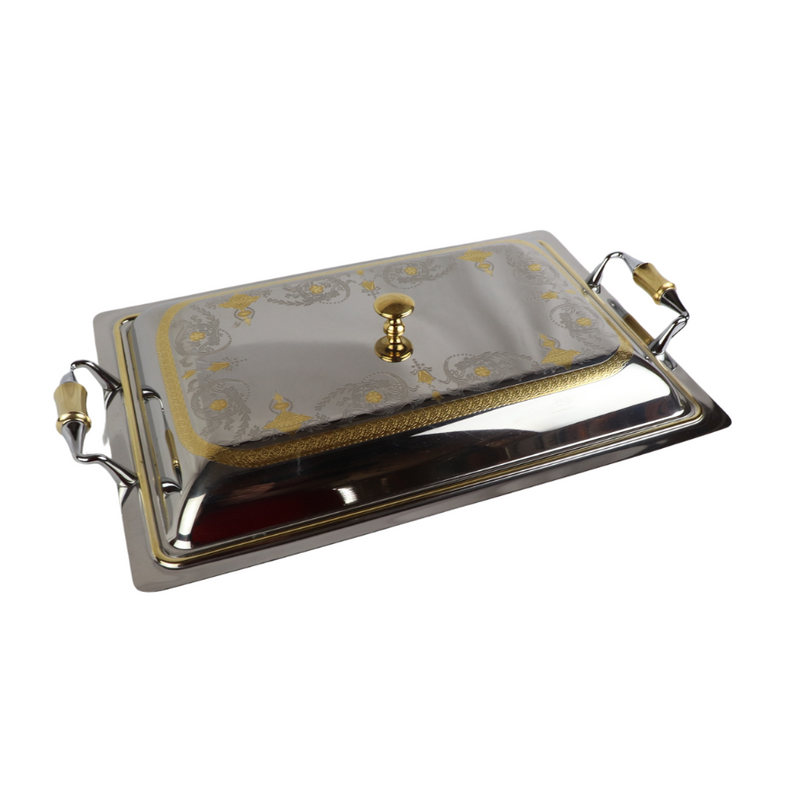 Elegant Rectangular Food Warmer with Lid - Premium 18/10 Stainless Steel, Gold Accent Handles