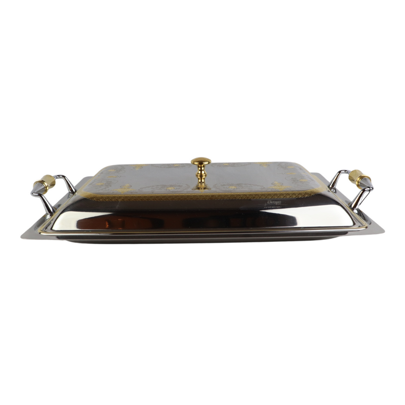 Elegant Rectangular Food Warmer with Lid - Premium 18/10 Stainless Steel, Gold Accent Handles