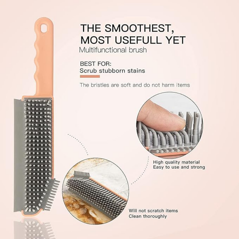 3-In-1 Silicone Cleaning Brush With Scraper, Soft Bristles, And Ergonomic Handle For Stubborn Stains, Dishes, And Household Surfaces