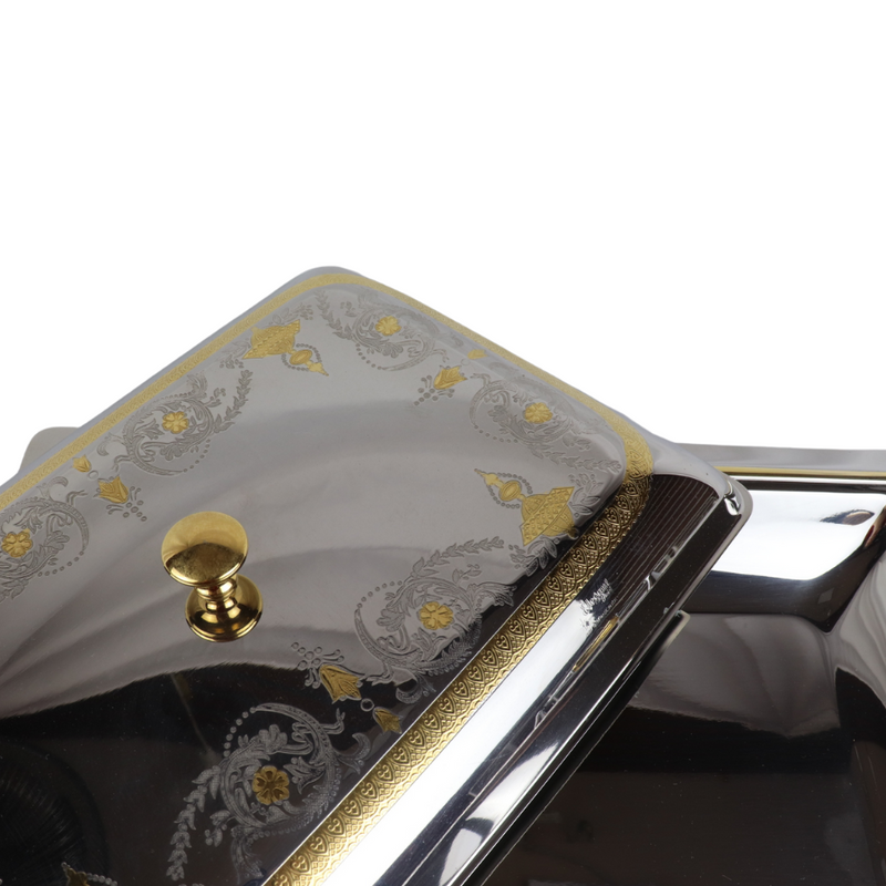 Elegant Rectangular Food Warmer with Lid - Premium 18/10 Stainless Steel, Gold Accent Handles