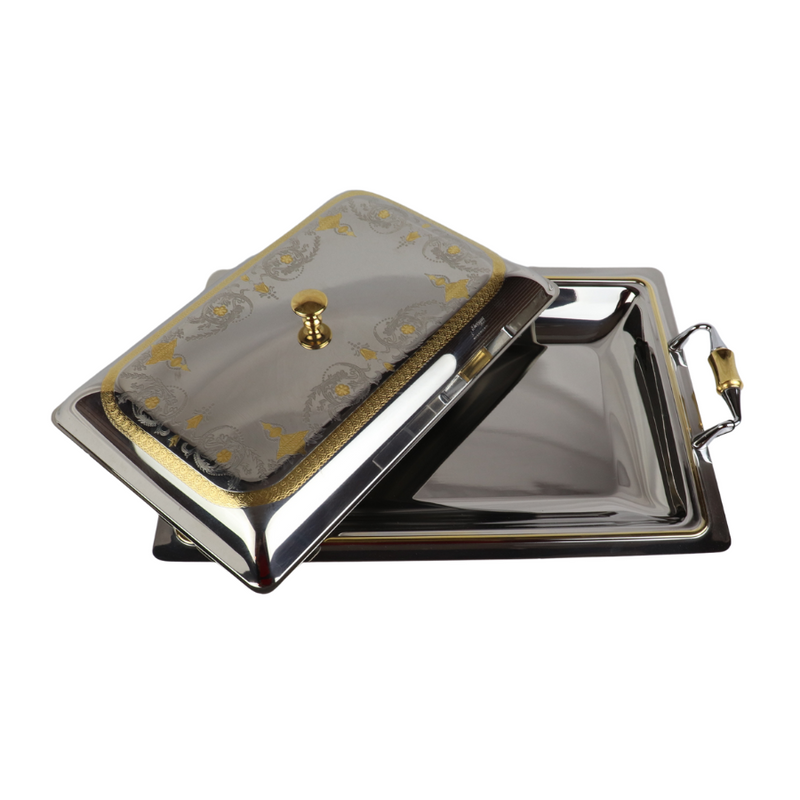 Elegant Rectangular Food Warmer with Lid - Premium 18/10 Stainless Steel, Gold Accent Handles