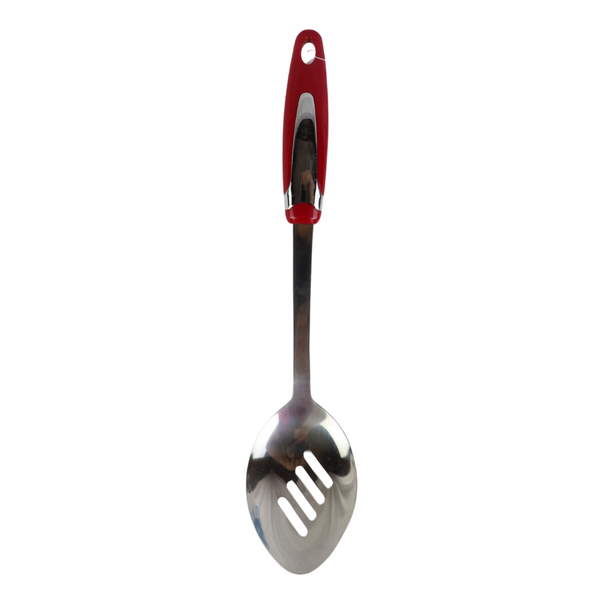 Master Chef Stainless Steel Slotted Serving Spoon with Red Handle - Ideal for Draining