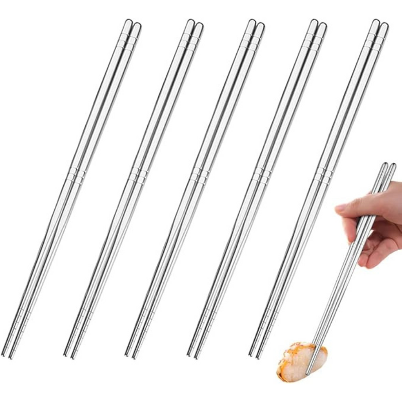 Set Of 5 Pairs Stainless Steel Chopsticks - Non-Slip, Dishwasher Safe, Reusable Utensils