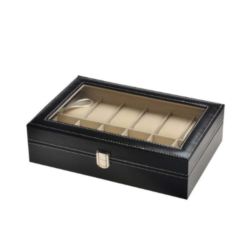 Luxury 12-Slot Leather Watch Organizer Case with Glass Top – Elegant Display and Storage Box