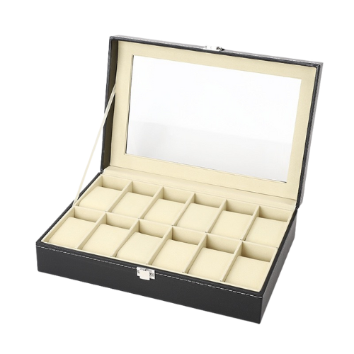 Luxury 12-Slot Leather Watch Organizer Case with Glass Top – Elegant Display and Storage Box