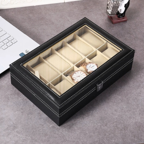 Luxury 12-Slot Leather Watch Organizer Case with Glass Top – Elegant Display and Storage Box