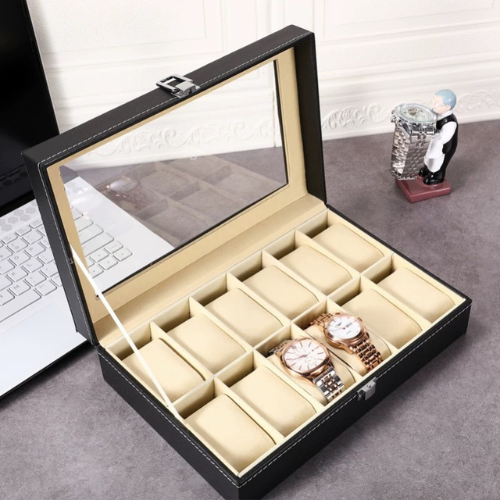 Luxury 12-Slot Leather Watch Organizer Case with Glass Top – Elegant Display and Storage Box