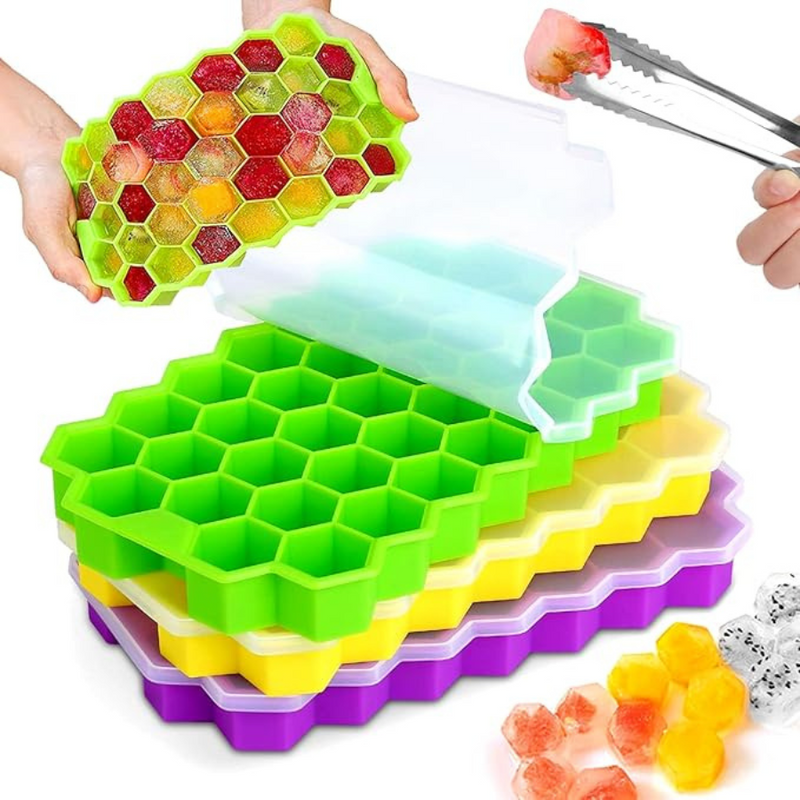 Silicone Honeycomb Ice Cube Tray with Lid - Flexible, Stackable, and Easy-Release Design