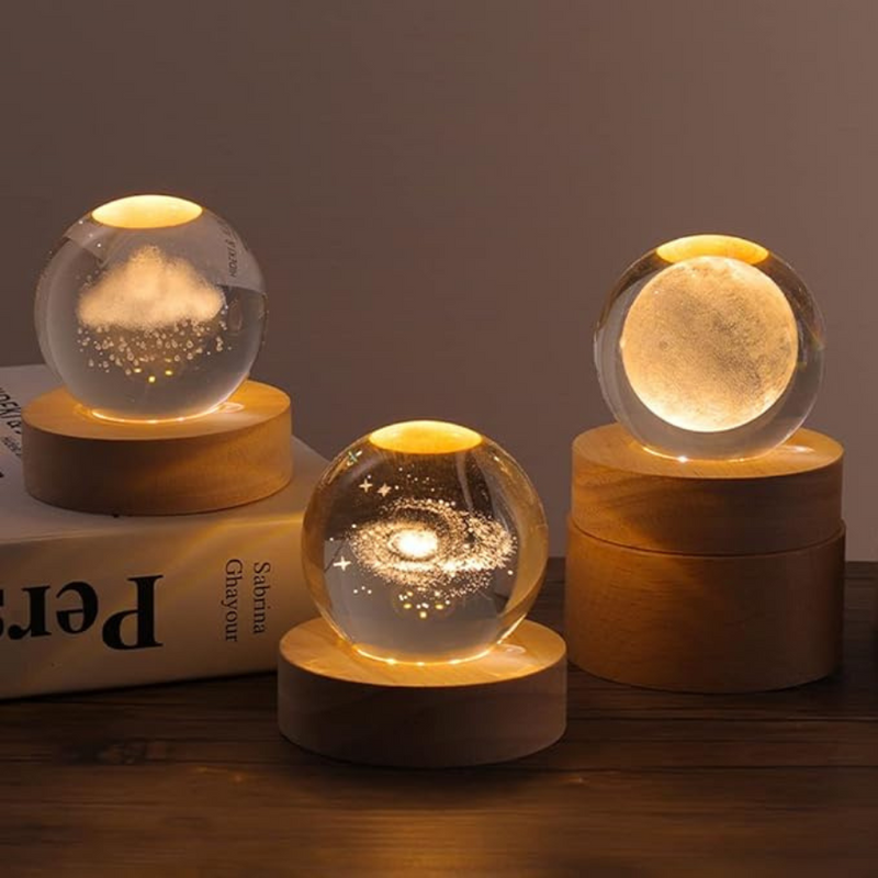 Small USB LED Night Light Galaxy Crystal Ball Table Lamp With Wooden Base - Multi Shapes