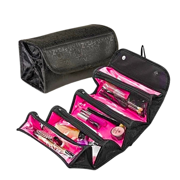 Roll-Up Cosmetic Bag - (3 Parts) - Portable Makeup Organizer with Multiple Compartments