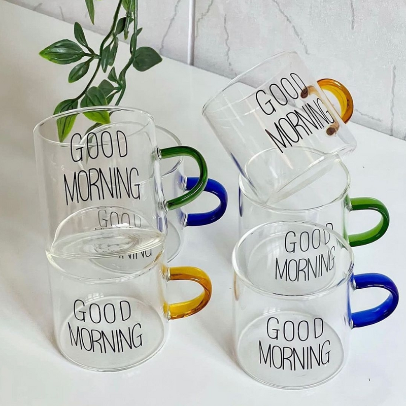 Good Morning" Glass Mug - Stylish Clear Coffee Cup with Colorful Handle - 100ml