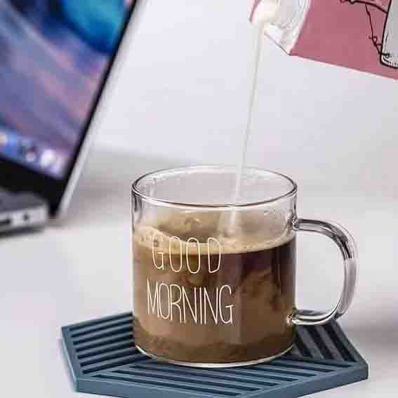 Good Morning" Glass Mug - Stylish Clear Coffee Cup with Colorful Handle - 100ml