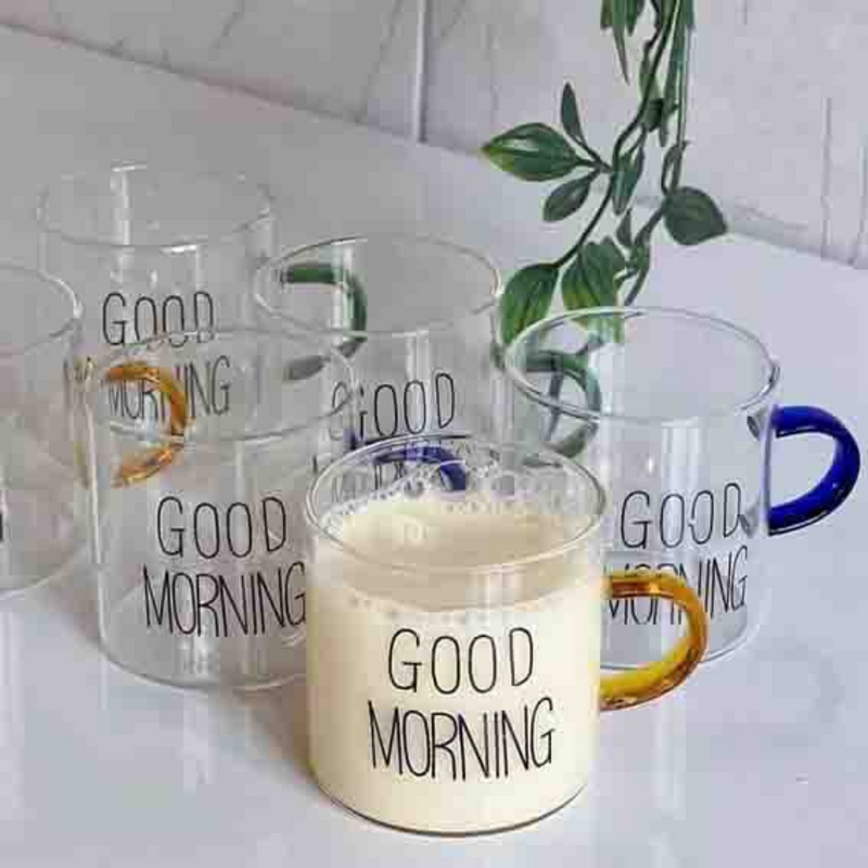 Good Morning" Glass Mug - Stylish Clear Coffee Cup with Colorful Handle - 100ml