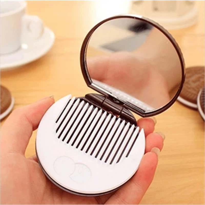 Compact Foldable Hair Comb with Mirror - Cookie Shape, Perfect for On-the-Go Styling