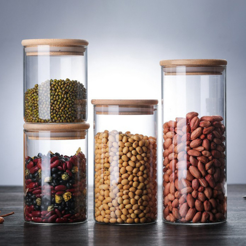 1 Piece - Transparent Cylinder Glass Storage Jar with Bamboo Lid - Elegant and Airtight Kitchen Canister, Available in 4 Sizes