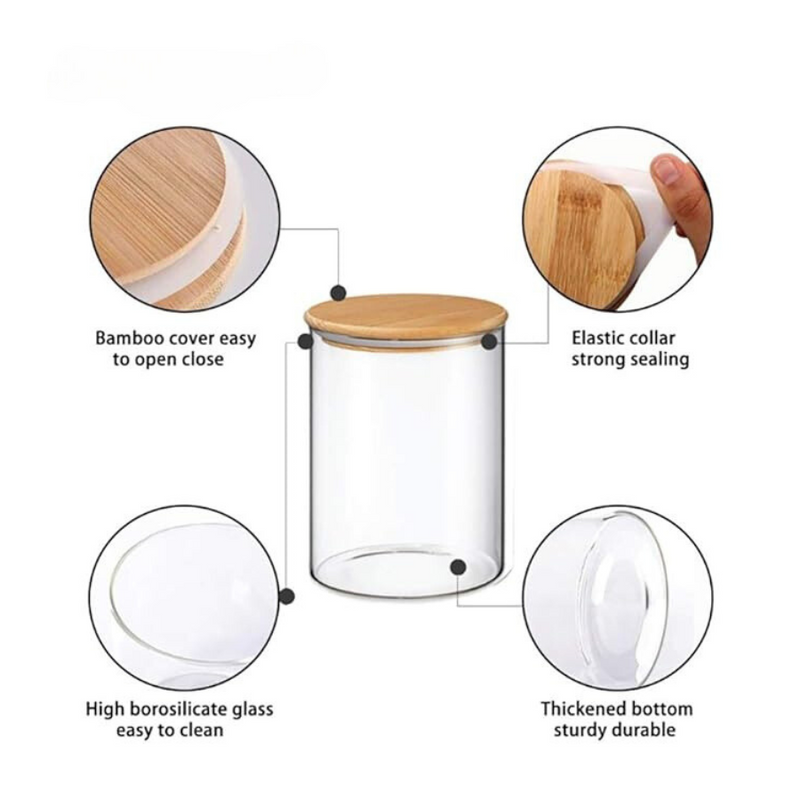 1 Piece - Transparent Cylinder Glass Storage Jar with Bamboo Lid - Elegant and Airtight Kitchen Canister, Available in 4 Sizes