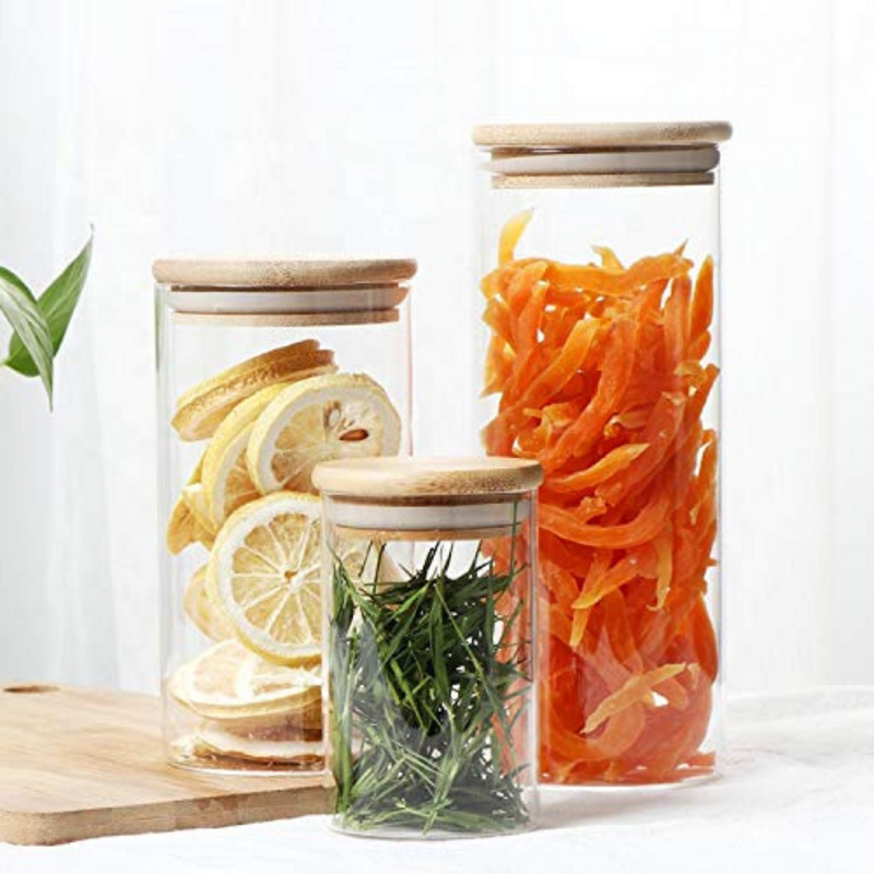 1 Piece - Transparent Cylinder Glass Storage Jar with Bamboo Lid - Elegant and Airtight Kitchen Canister, Available in 4 Sizes