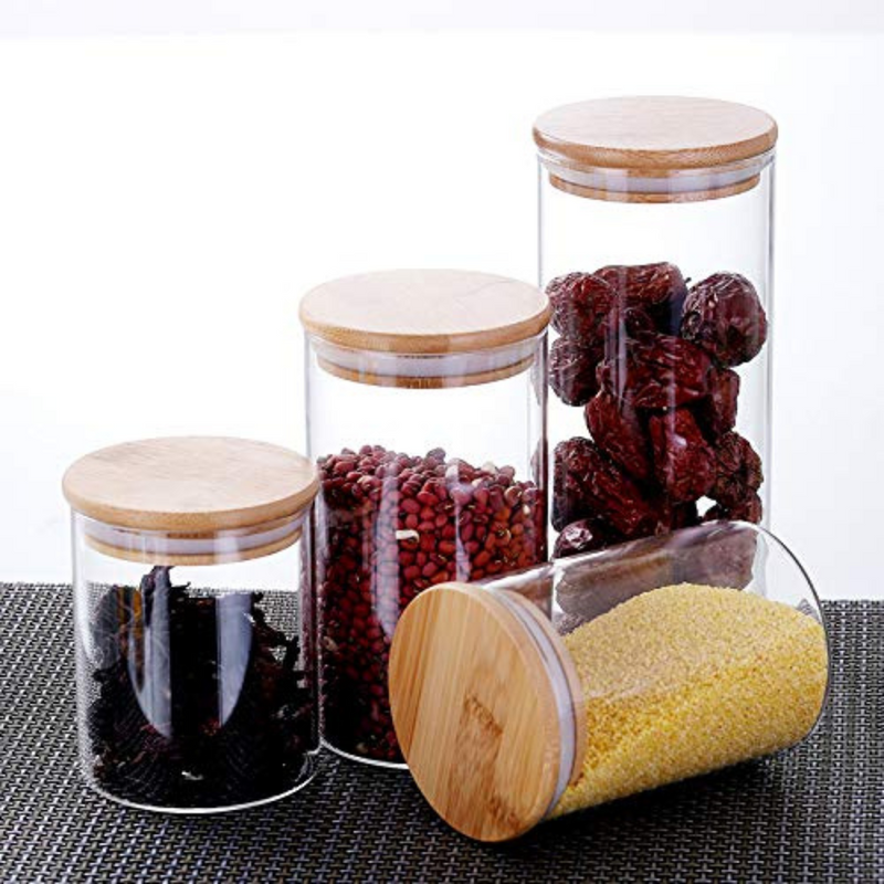 1 Piece - Transparent Cylinder Glass Storage Jar with Bamboo Lid - Elegant and Airtight Kitchen Canister, Available in 4 Sizes