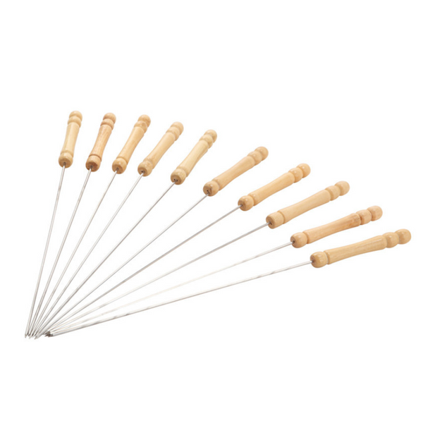 Set of 10 Stainless Steel BBQ Skewers with Wooden Handles - Durable and Reusable