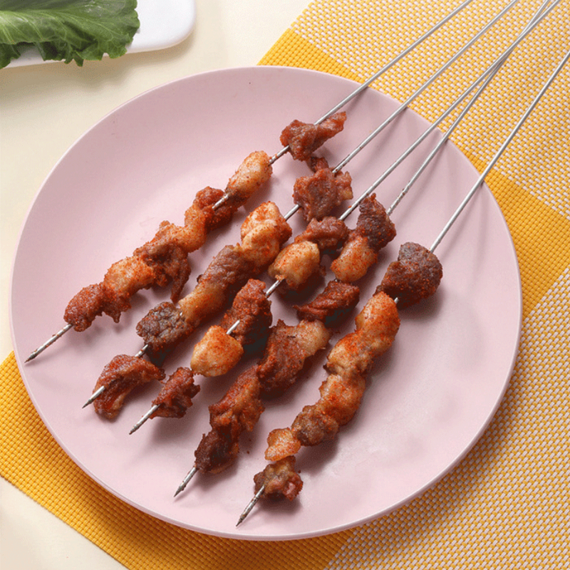 Wood Handle BBQ Skewers Set - Reusable Stainless Steel Grill Sticks For Kabobs And Barbecue