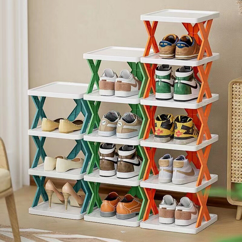 Black Shelves - X-Shape Multi-Layer Plastic Shoe Rack Organizer For Narrow Doorways - 5 Layers