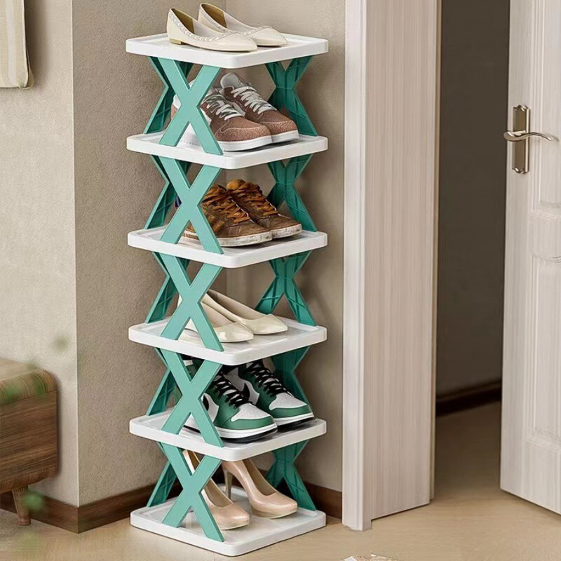 Black Shelves - X-Shape Multi-Layer Plastic Shoe Rack Organizer For Narrow Doorways - 5 Layers