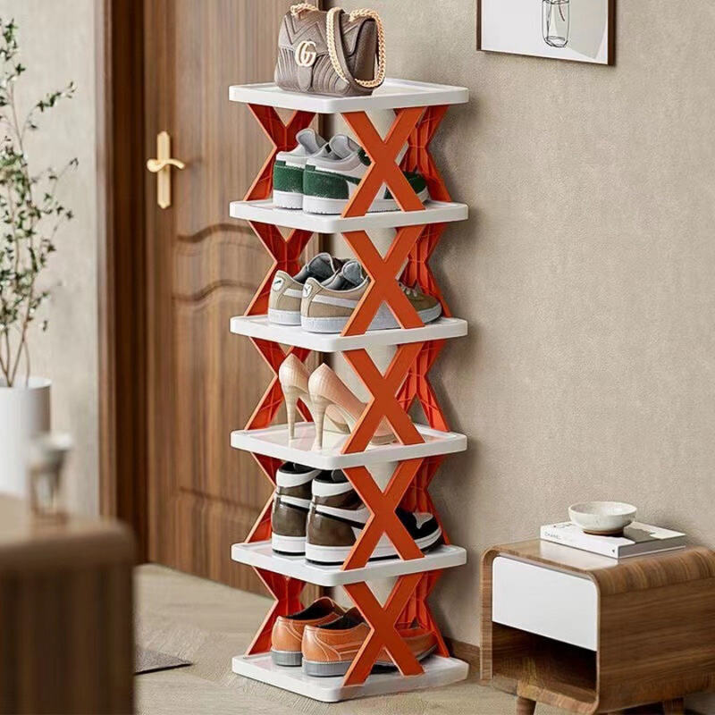 Black Shelves - X-Shape Multi-Layer Plastic Shoe Rack Organizer For Narrow Doorways - 5 Layers