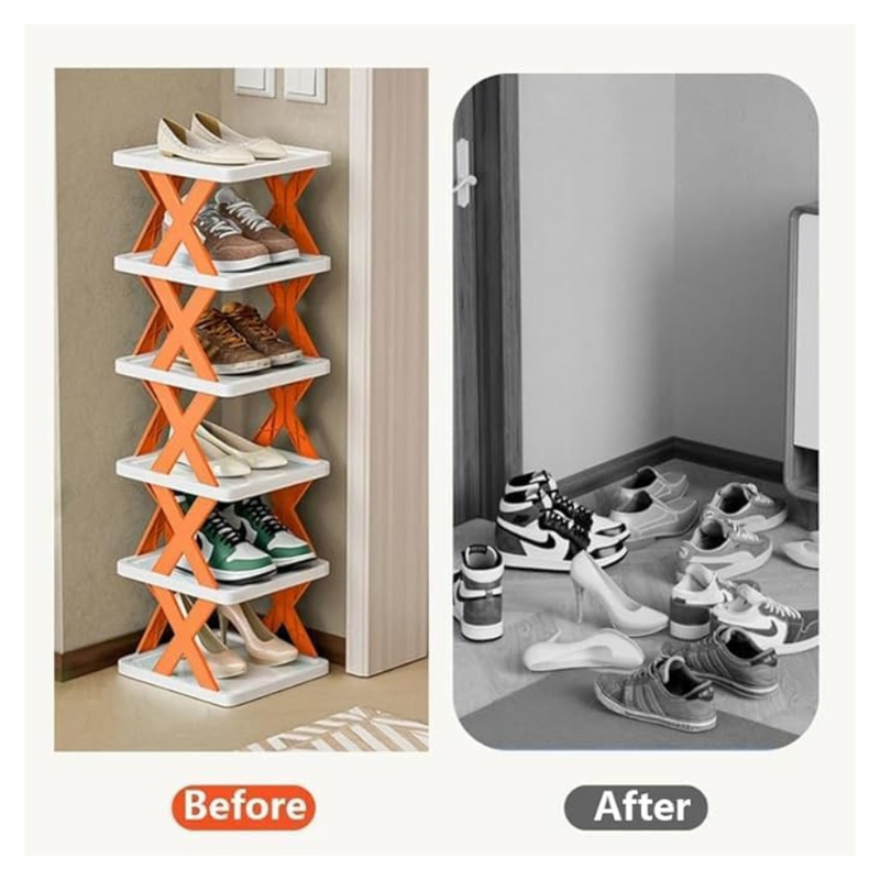 Black Shelves - X-Shape Multi-Layer Plastic Shoe Rack Organizer For Narrow Doorways - 5 Layers