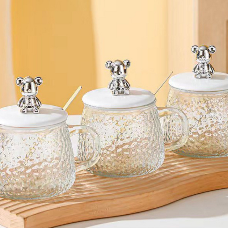 Iceberg Hammer Pattern Glass Handle Cup With Cute Bear Lid - Unique Design For Tea & Coffee Lovers