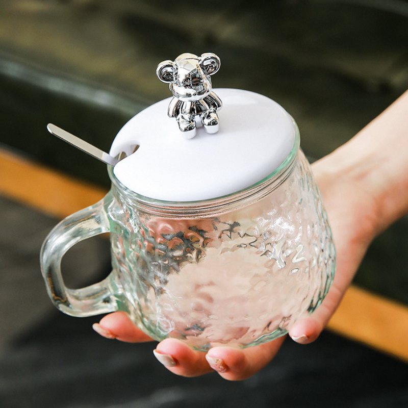 Iceberg Hammer Pattern Glass Handle Cup With Cute Bear Lid - Unique Design For Tea & Coffee Lovers