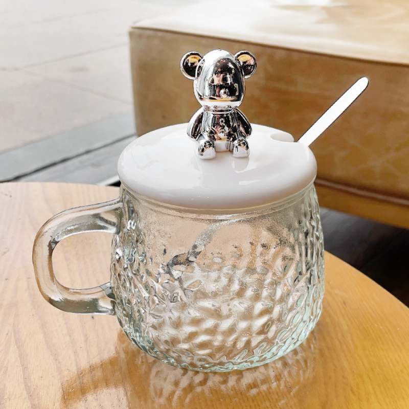 Iceberg Hammer Pattern Glass Handle Cup With Cute Bear Lid - Unique Design For Tea & Coffee Lovers