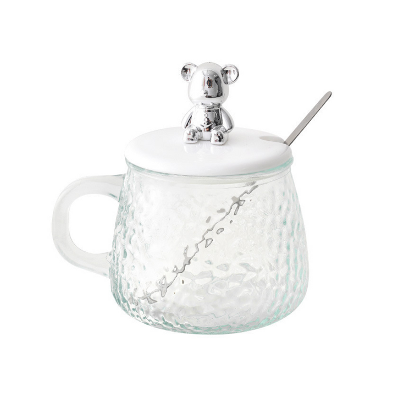 Iceberg Hammer Pattern Glass Handle Cup With Cute Bear Lid - Unique Design For Tea & Coffee Lovers