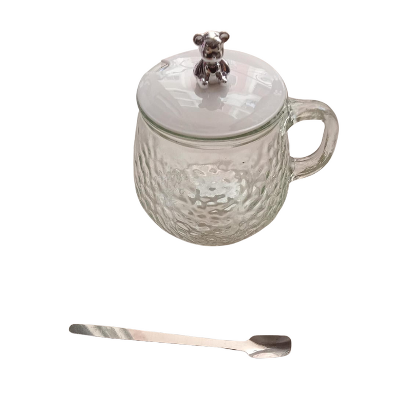 Iceberg Hammer Pattern Glass Handle Cup With Cute Bear Lid - Unique Design For Tea & Coffee Lovers