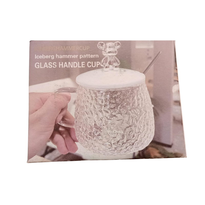 Iceberg Hammer Pattern Glass Handle Cup With Cute Bear Lid - Unique Design For Tea & Coffee Lovers