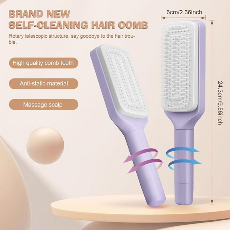 Self-Cleaning Hairbrush with Rotating Handle - Easy Hair Removal, Gentle on Scalp