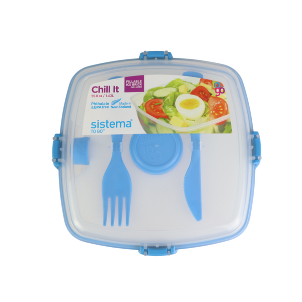 Sistema Chill It To Go Food Storage Container - 1.6L, BPA-Free, Includes Knife & Fork, Ice Brick