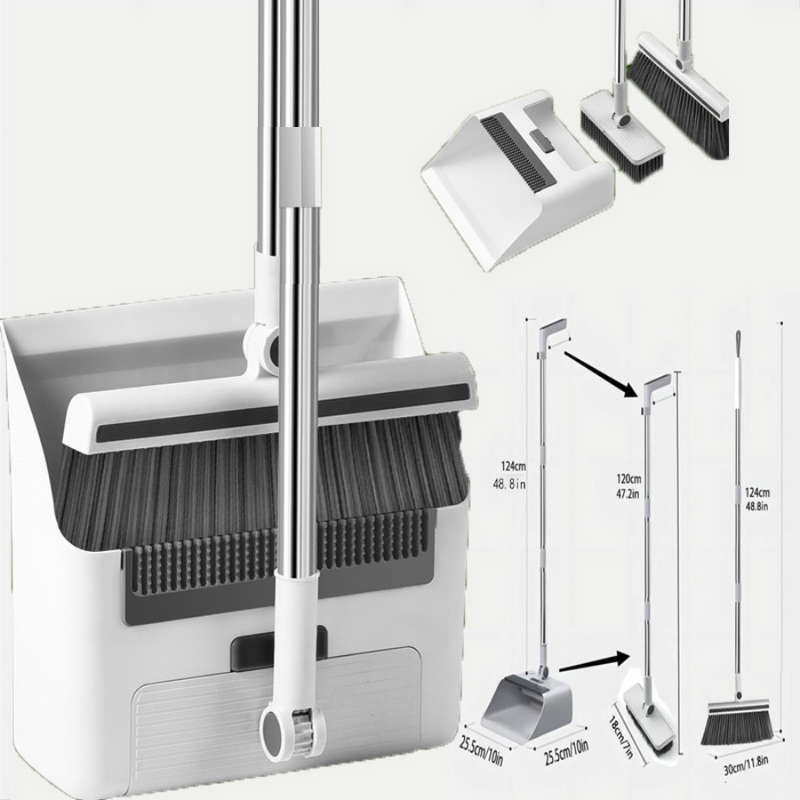 Broom and Dustpan Set with Long Handle - Upright Stand, Self-Cleaning Teeth, Compact Storage Design