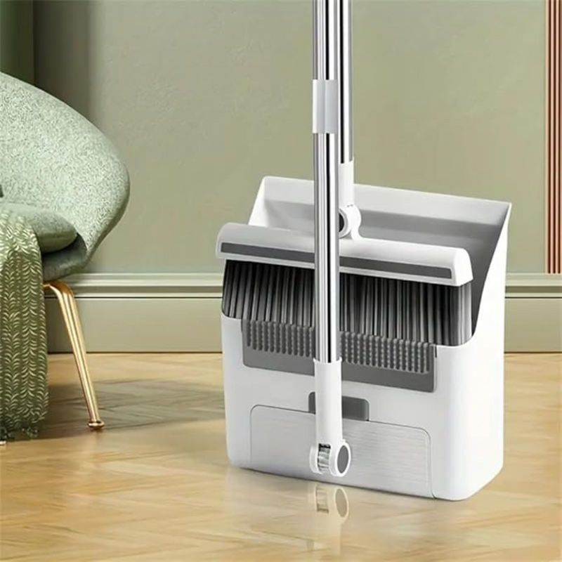 Broom and Dustpan Set with Long Handle - Upright Stand, Self-Cleaning Teeth, Compact Storage Design