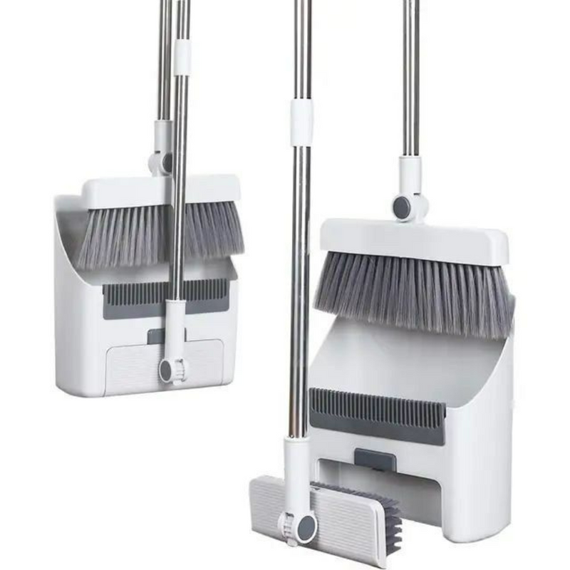 Broom and Dustpan Set with Long Handle - Upright Stand, Self-Cleaning Teeth, Compact Storage Design