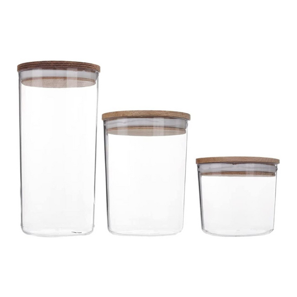 Airtight Transparent Container Set with Wooden Lids - BPA-Free, Food Storage Jars, Set of 3