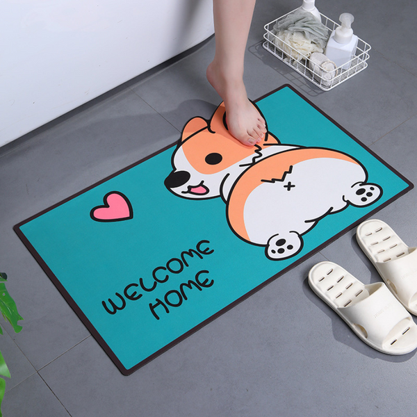 Cute Corgi Welcome Home Floor Mat - Non-Slip, Absorbent, Cartoon Design Door Mat for Entryway & Bathroom