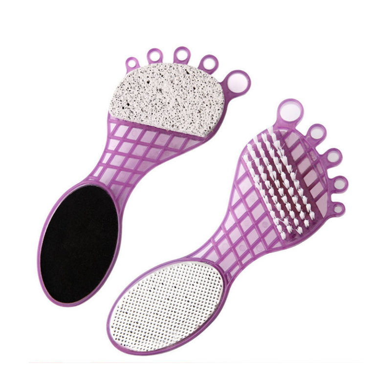 4-in-1 Foot Care Pedicure Tool - Pumice Stone, Foot File, Scrubber Brush & Callus Remover, Purple Handle