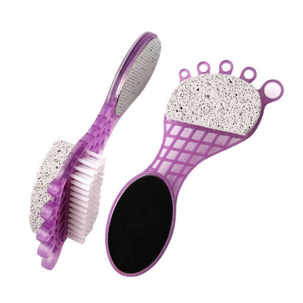 4-in-1 Foot Care Pedicure Tool - Pumice Stone, Foot File, Scrubber Brush & Callus Remover, Purple Handle