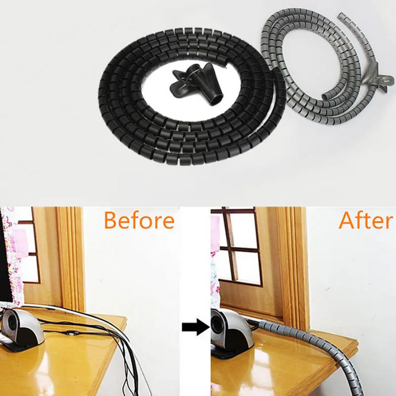 Cable Management Spiral Wrap With Clip Tool - Organize Wires & Cords, Flexible Cable Sleeve