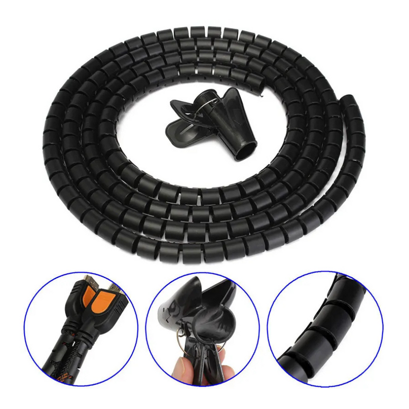 Cable Management Spiral Wrap With Clip Tool - Organize Wires & Cords, Flexible Cable Sleeve