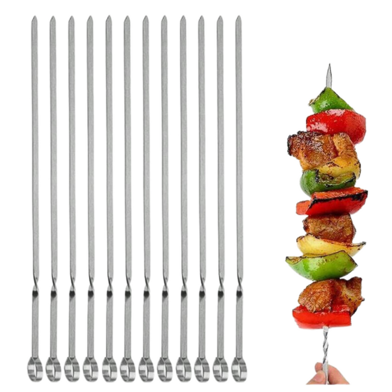 Set of 12 Stainless Steel BBQ Skewers - 39 cm Length, Perfect For Kabobs, Grilling, And BBQ