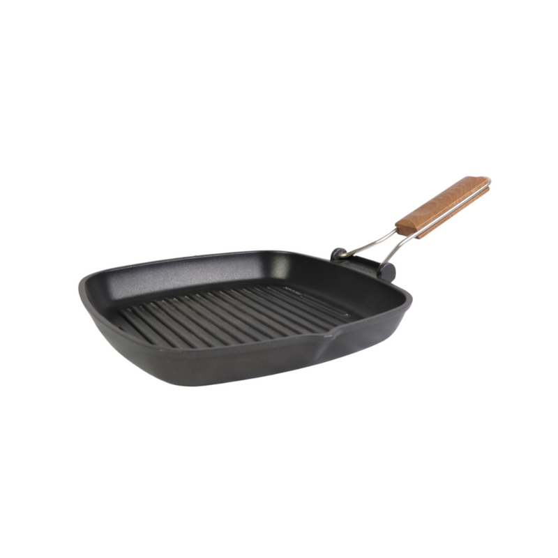 Risoli Non-Stick Square Grill Pan With Folding Wooden Handle – 26x26 cm, Italian Quality